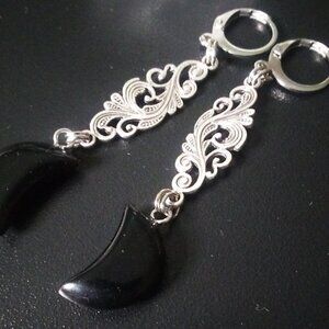 Moon Goddess Energy!!! Feminine Black Agate Moon + Thai Silver Luna Earrings